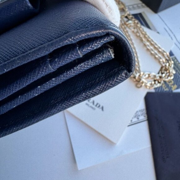 Prada Saffiano Blue Leather Long Wallet. 3 Way Use. W/no Brand Chain - Picture 11 of 16